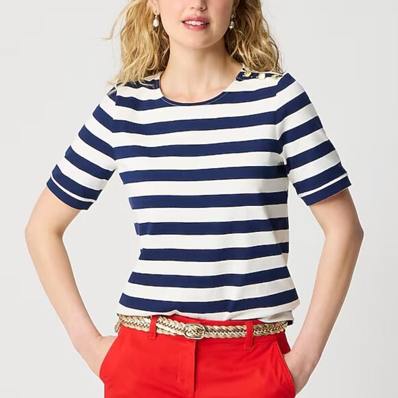 J. Crew Short Sleeve Striped Button Shoulder Tee Blue White Size XS NWT - Picture 1 of 7